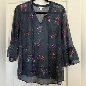 Charming Charlie Sheer Navy Floral 3/4 Sleeve Blouse, Size L, EUC